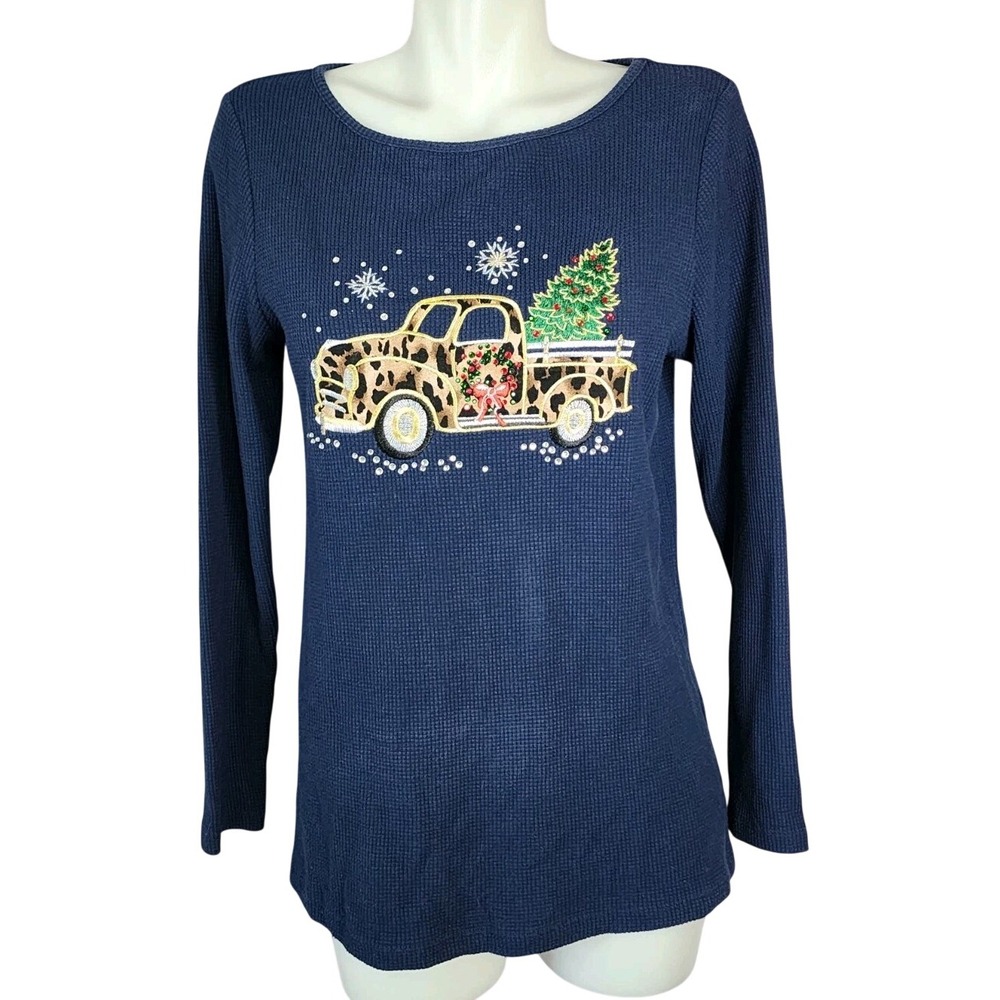 Quacker Factory Christmas Truck Tree Rhinestone Waffle Knit Top Long Sleeve XS
